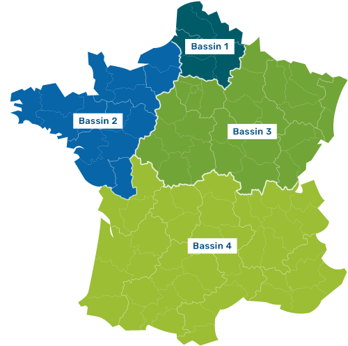 carte des 4 bassins de production de la pomme de terre en France